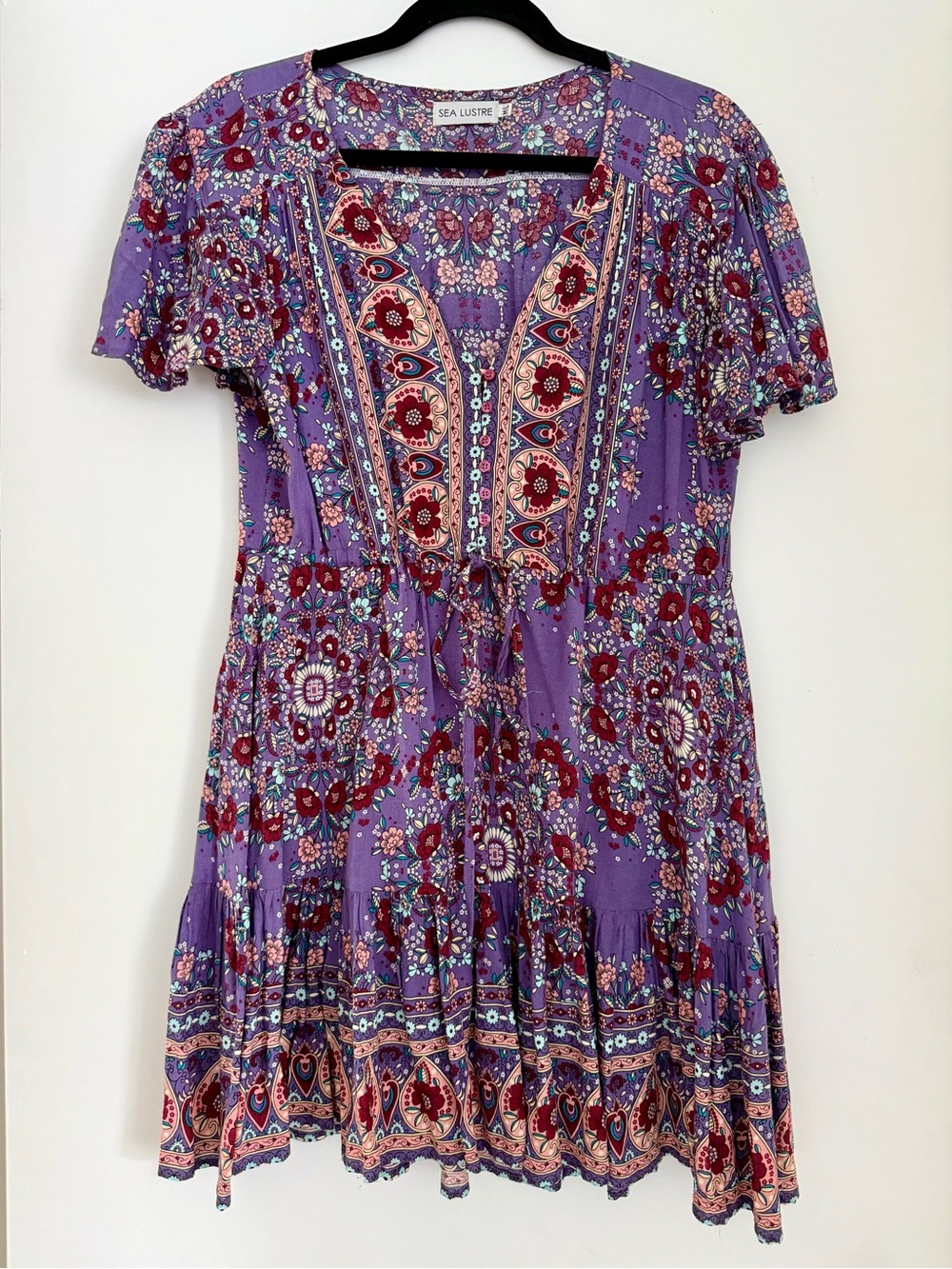Sea Lustre Purple Floral Mini Dress with Tie Waist Size M/L